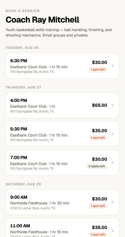 The parent booking page on a phone: Coach Ray Mitchell, with sessions by date showing time, gym, price and remaining spots.