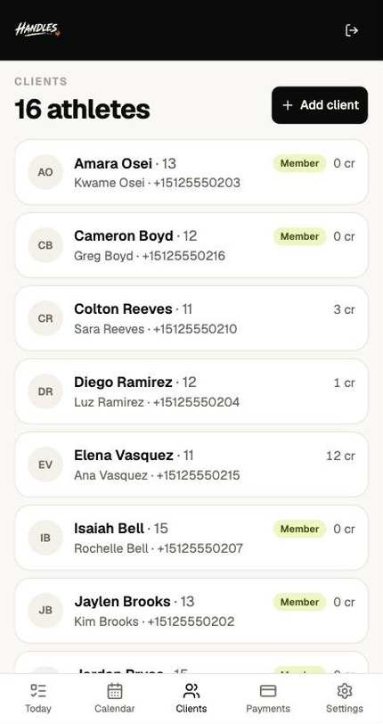 The client roster on a phone: each athlete as a card with age, the paying parent and phone, a Member badge, and remaining credits.