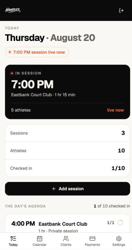The Today screen on a phone: Thursday August 20, a live-now pill for the 7:00 PM session, an In Session card, and counts for sessions, athletes and checked in.