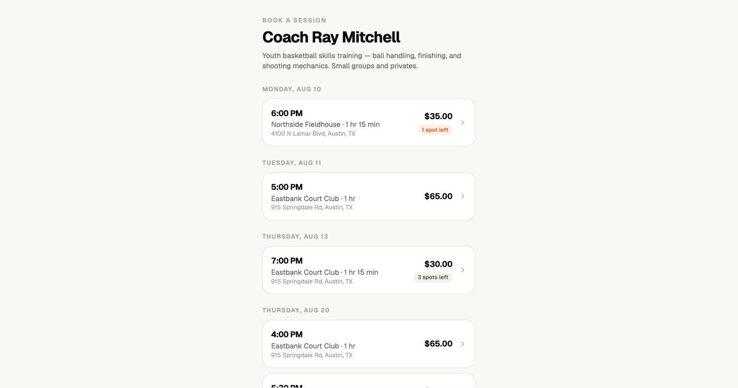The parent booking page: Coach Ray Mitchell, with sessions grouped by date showing time, gym, address, price and remaining spots such as 1 spot left and 3 spots left.