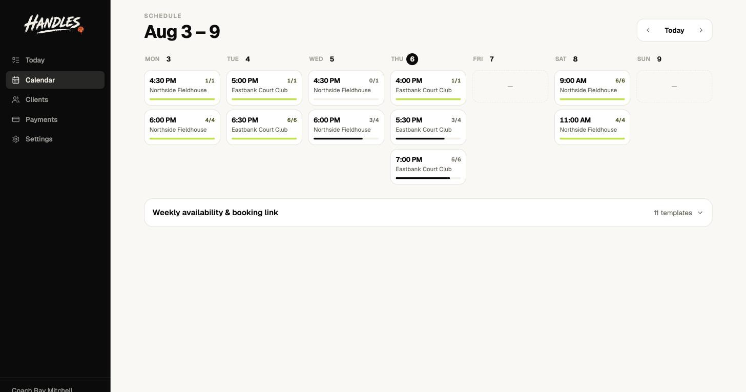 A week grid from Monday August 3 to Sunday August 9 showing two to three sessions per training day with fill counts such as 4 of 4 and 3 of 4, above a weekly availability panel listing 11 slots.