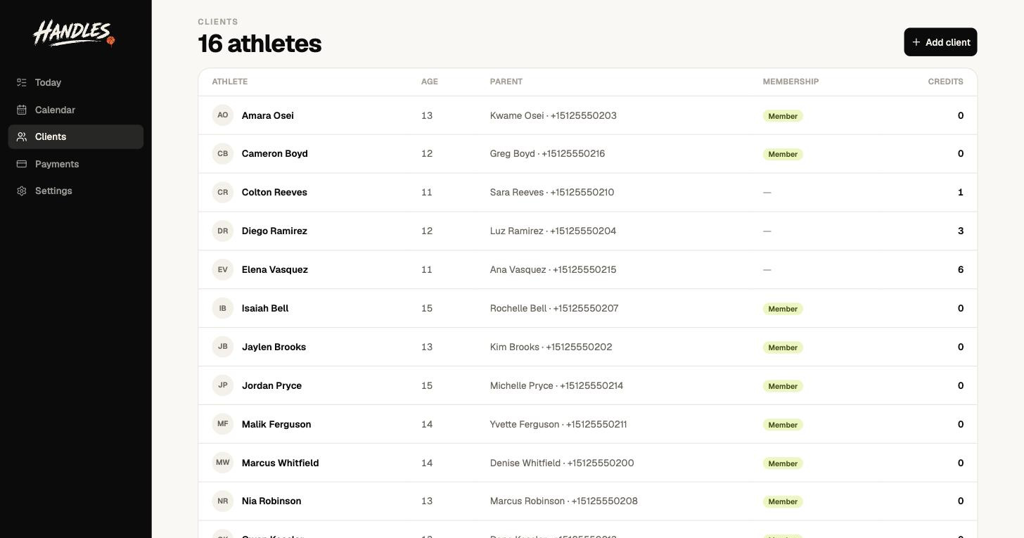 A roster of 16 athletes with age, the parent who pays and their phone, a Member badge where a membership is active, and a remaining-sessions column showing values like 1, 3, 6 and 12.